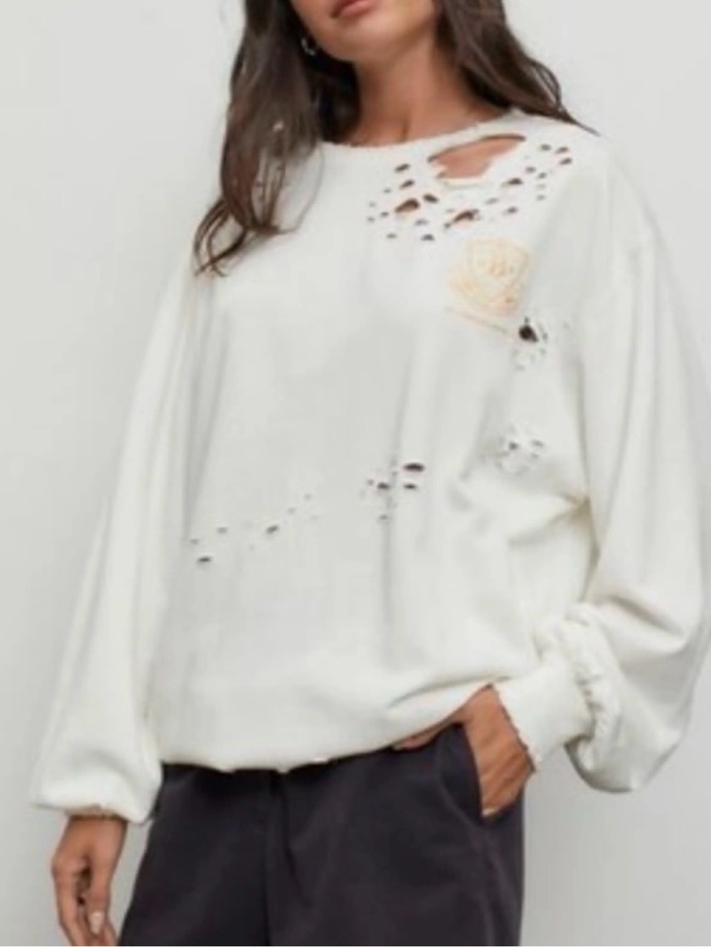 Urban Outfitters Cream Distressed Pullover Sweatshirt